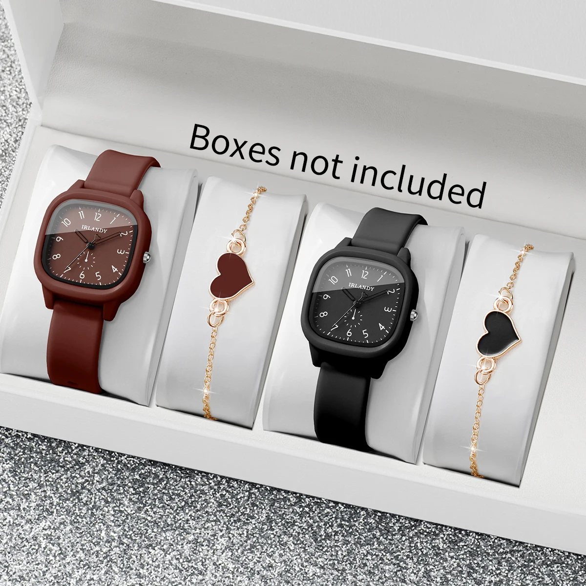 Silicone Band Women - ชุดนาฬิกาควอตซ์ผู้หญิง 4 ชิ้น ดีไซน์สี่เหลี่ยม ทันสมัย พร้อมสร้อยข้อมือรูปหัวใจ
