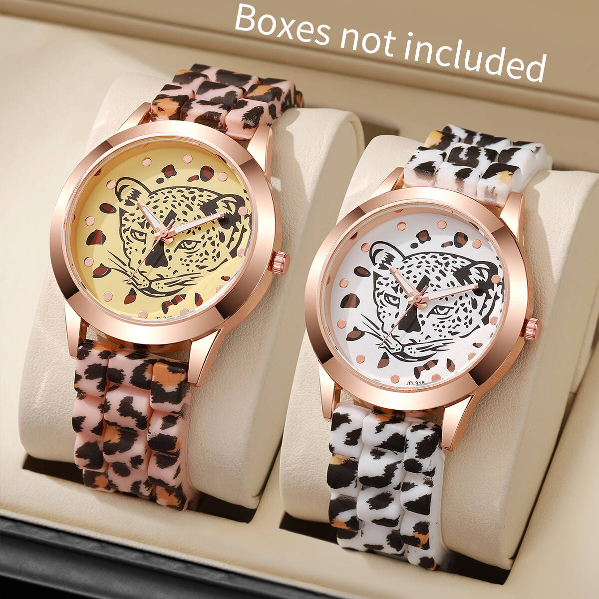 Silicone Band Women - 2 ชิ้น/เซ็ตนาฬิกาแฟชั่นผู้หญิงลำลองลายเสือดาวพิมพ์ลายซิลิโคนนาฬิกาควอตซ์สุภาพสตรีนาฬิกาเรโลจ มูเยร์นาฬิกาผู้หญิง (ไม่มีกล่อง)